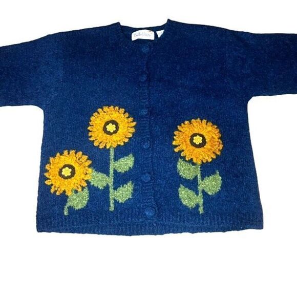 Belle Pointe Vintage Blue Cardigan Sweater with 3D Sunflower Embellishments - Picture 8 of 14